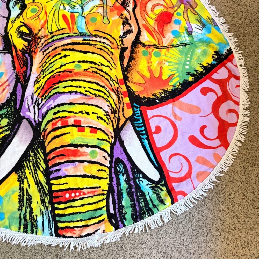 Uncle Jerry's T's Dean Russo Pop Art Elephant Round Fringe Beach Towel 60